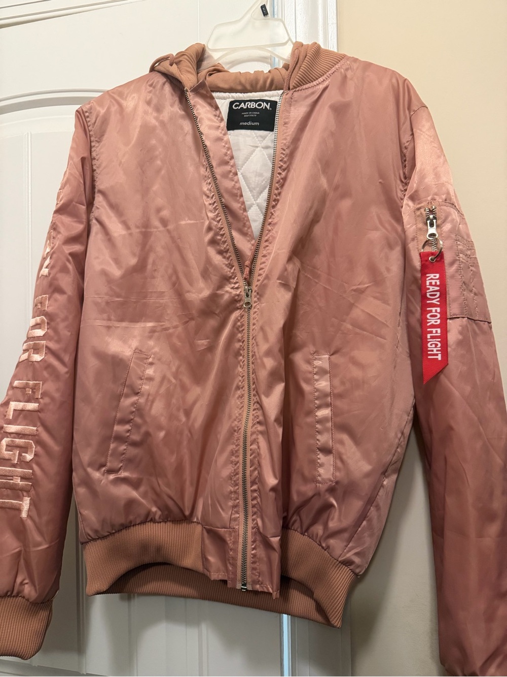 Carbon Dusty Rose Bomber Jacket with 'Ready For Flight' Tag